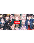 36x16 inches anime girl desk pad collage with bold red Waifu badge, hoodies, nurse and uniform looks.