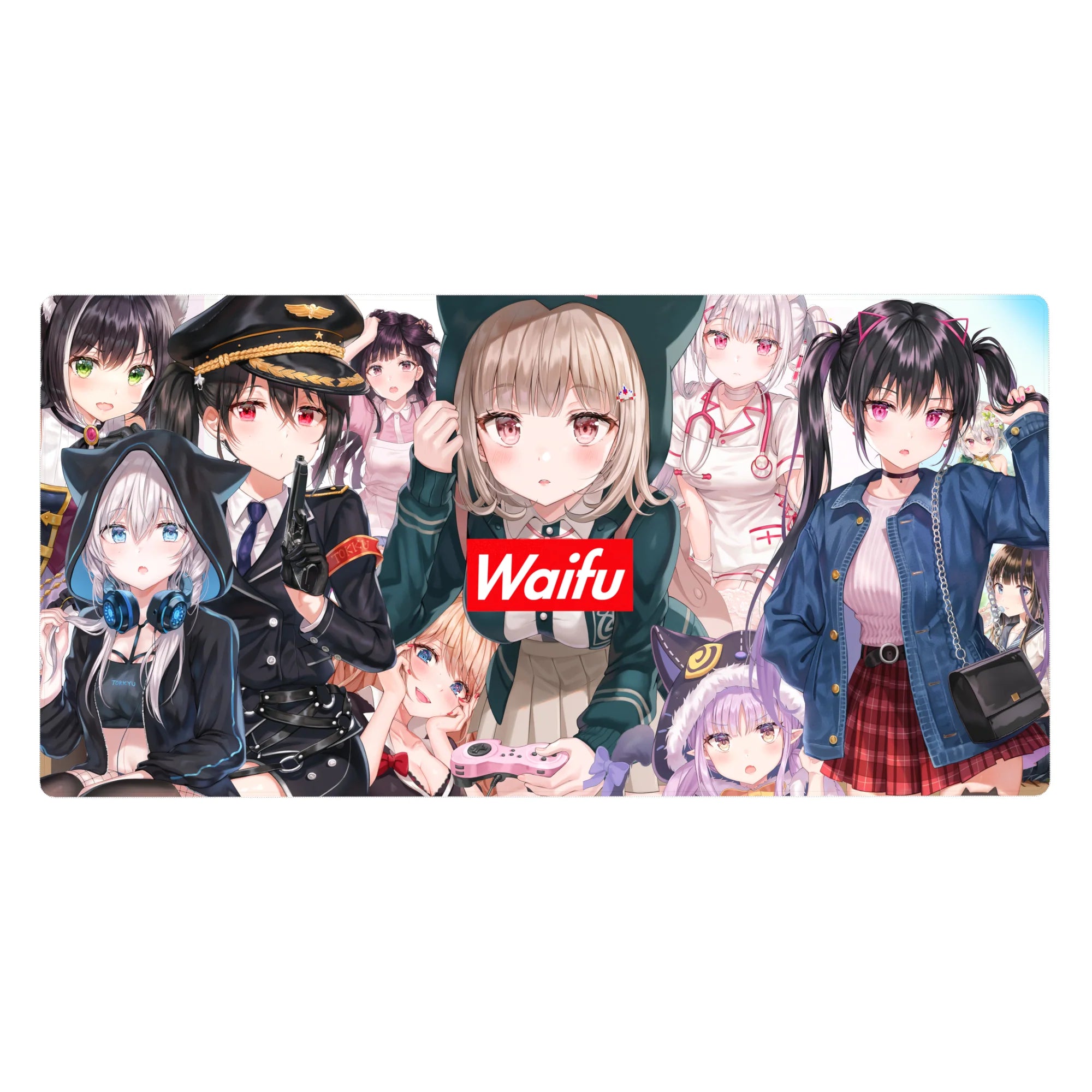40x20 inches anime girl desk pad collage with red Waifu badge, hoodies, nurse accents, cap-and-uniform look.