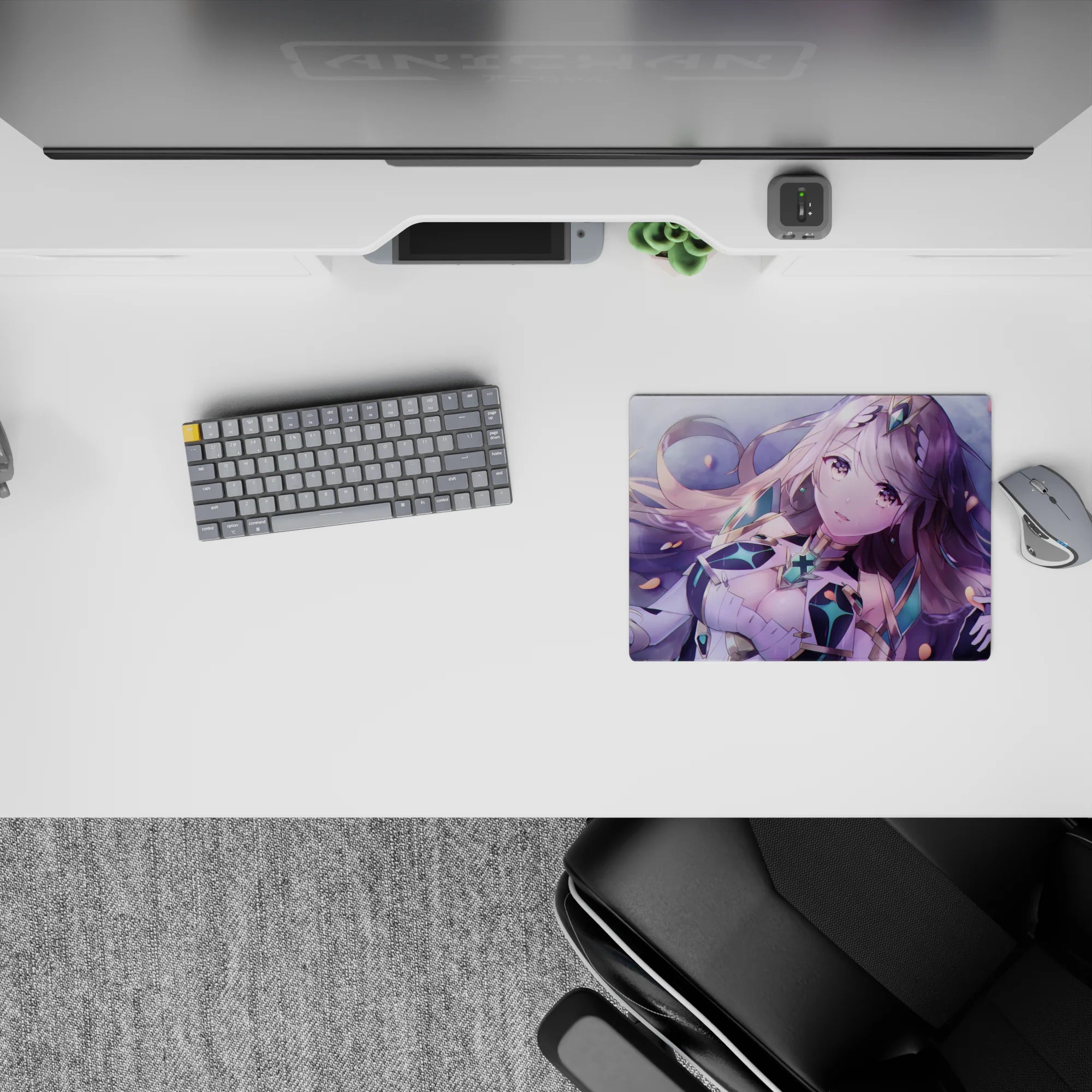 Pastel lilac and mint anime mouse pad 14x10 inches with soft blush glow, cozy magical vibe.