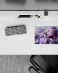 Pastel lilac and mint anime mouse pad 14x10 inches with soft blush glow, cozy magical vibe.