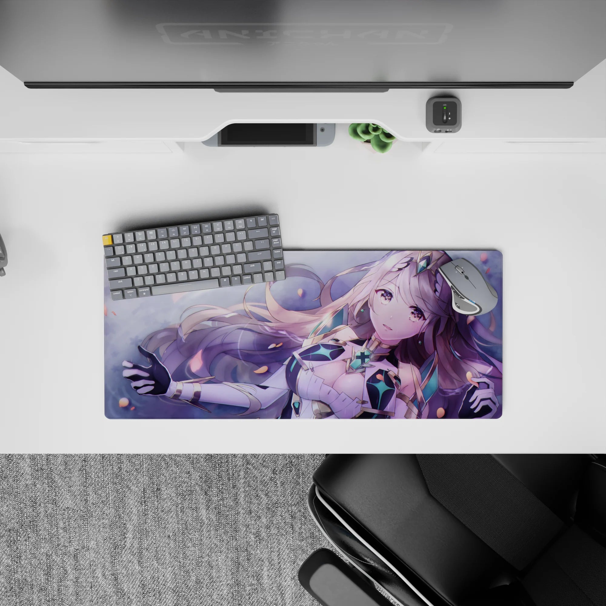 28x12 inches pastel purple mouse pad in soft blush glow, mint accents, cozy dreamy anime vibe.