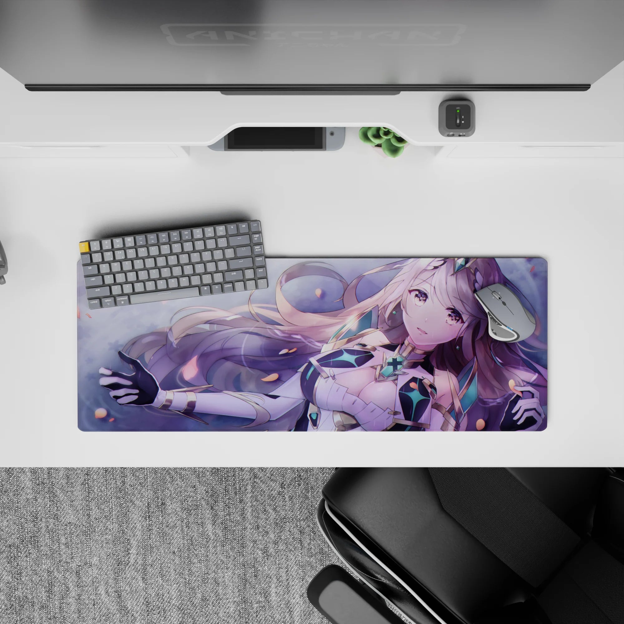 32x12 inches pastel purple and mint anime mouse pad with soft blush glow, cozy dreamy gaming aesthetic.