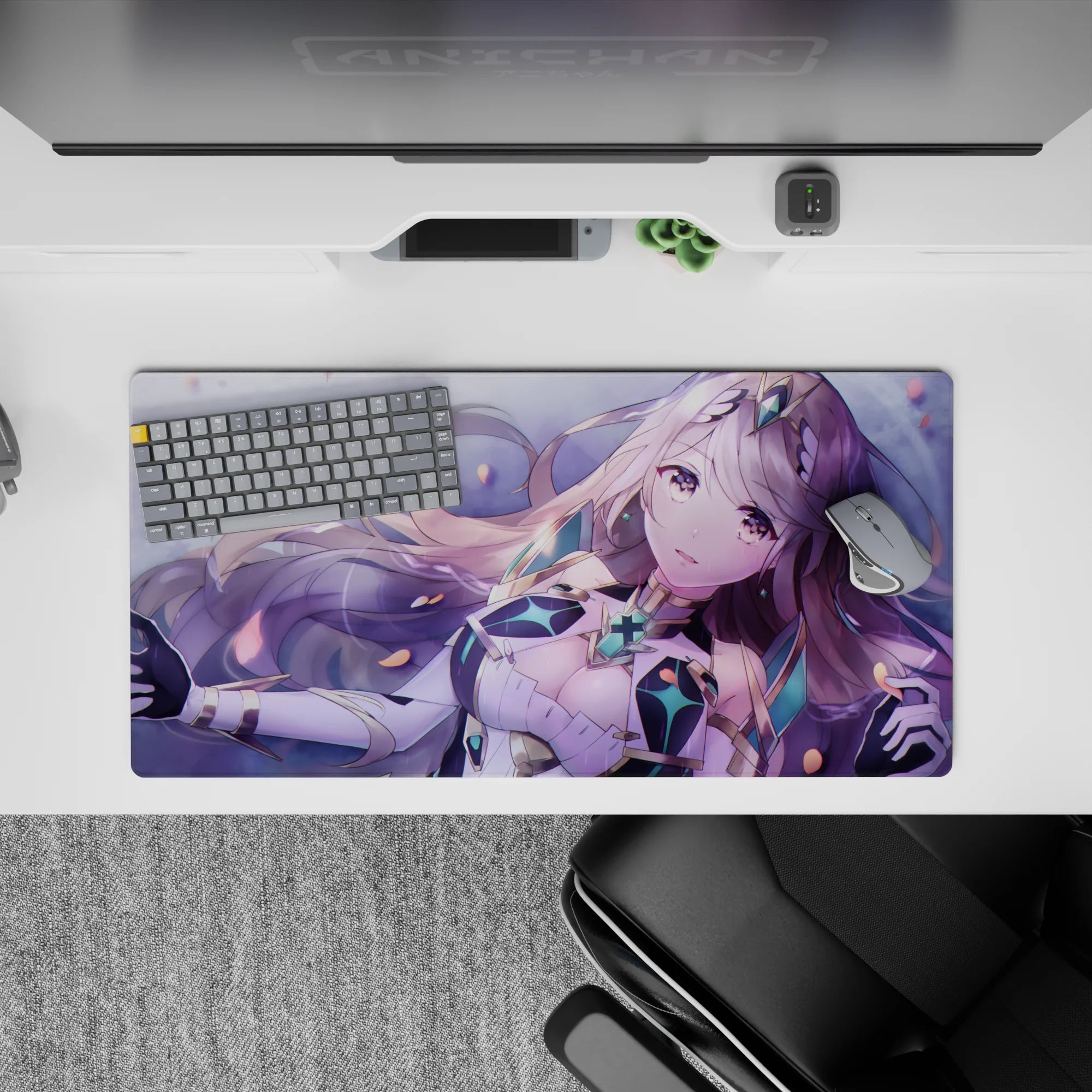 32x16 inches pastel purple mouse pad in soft blush glow with mint accents and floating petals.
