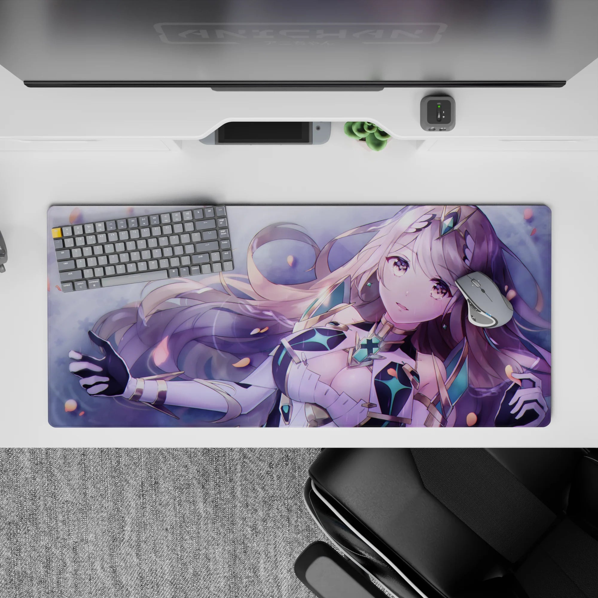 36x16 inches pastel purple desk pad in soft blush glow, mint accents, cozy late-night gaming vibe.