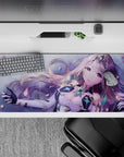 36x16 inches pastel purple desk pad in soft blush glow, mint accents, cozy late-night gaming vibe.