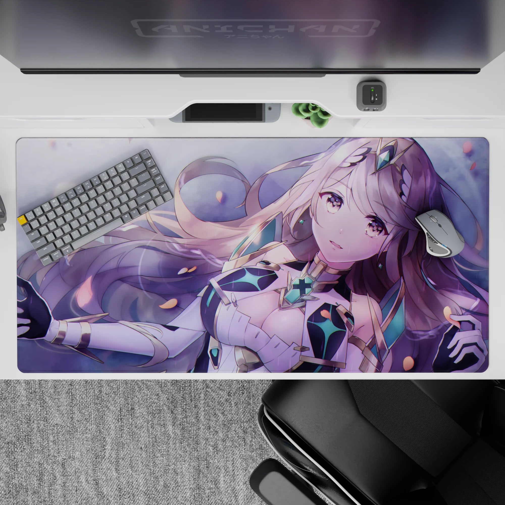 Pastel purple and mint anime desk pad 40x20 inches with soft glow, dreamy cozy gaming vibe.