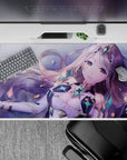 Pastel purple and mint anime desk pad 40x20 inches with soft glow, dreamy cozy gaming vibe.