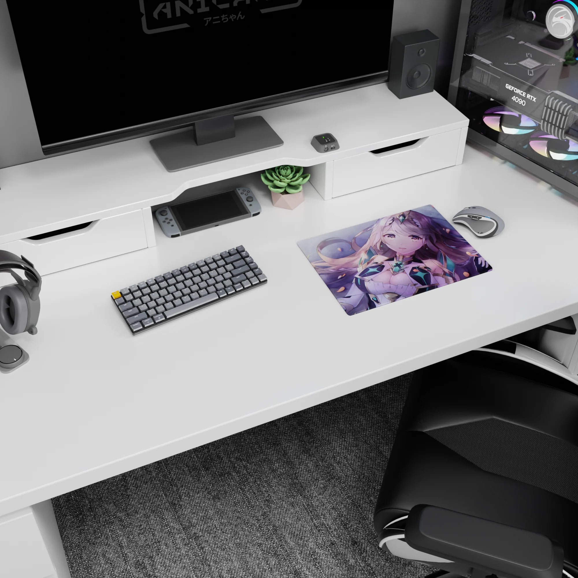 Long lilac-haired anime girl with starry eyes and teal crystal armor on mouse pad 14x10 inches.