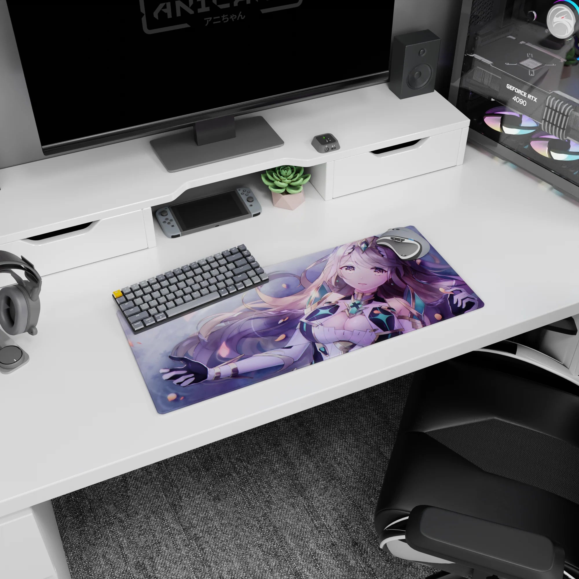 28x12 inches desk mat showing starry-eyed lilac-haired anime girl in crystal armor amid drifting petals.
