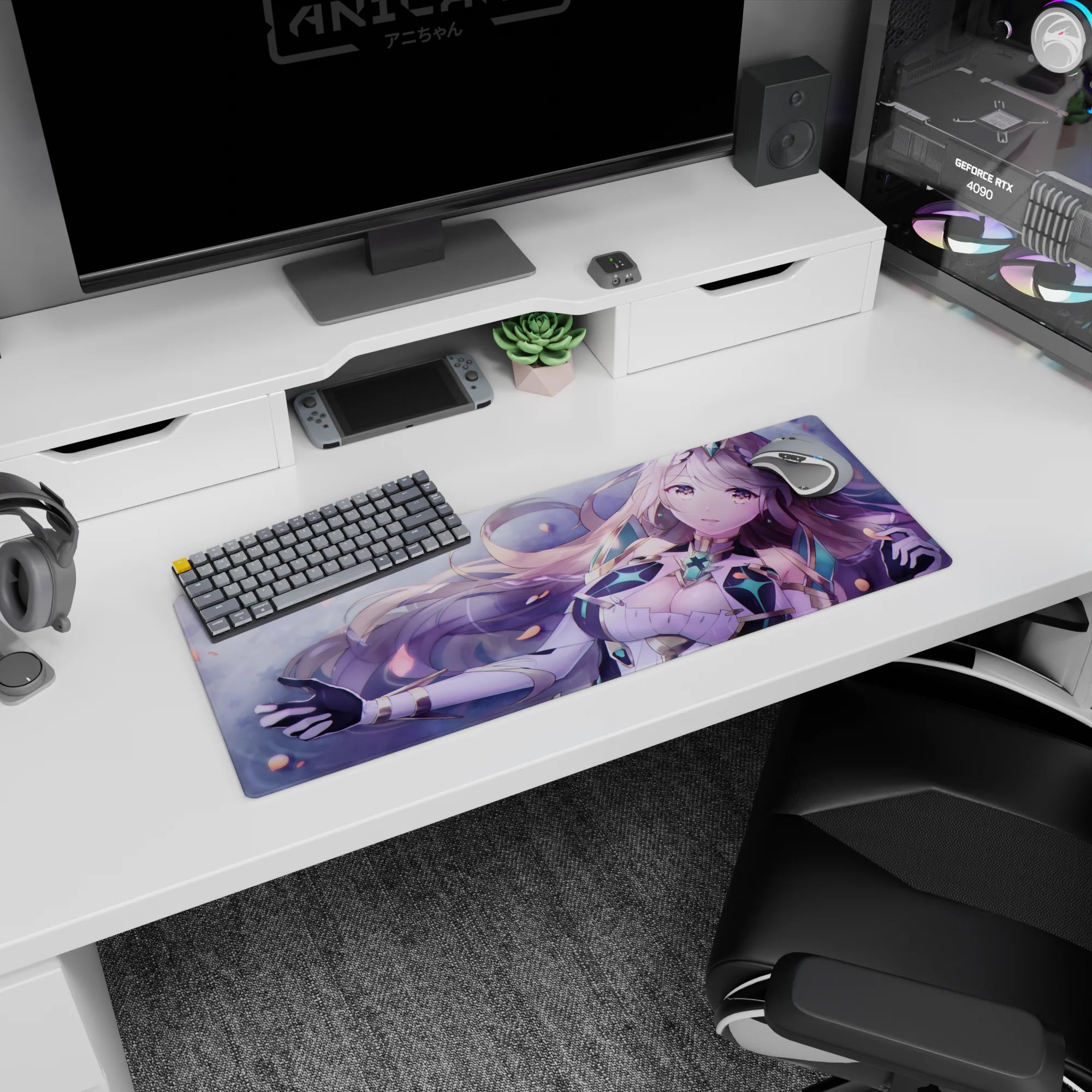 32x12 inches anime mouse pad showing a long lilac-haired girl with starry eyes in teal crystal armor.