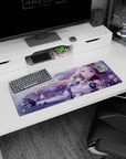 32x12 inches anime mouse pad showing a long lilac-haired girl with starry eyes in teal crystal armor.