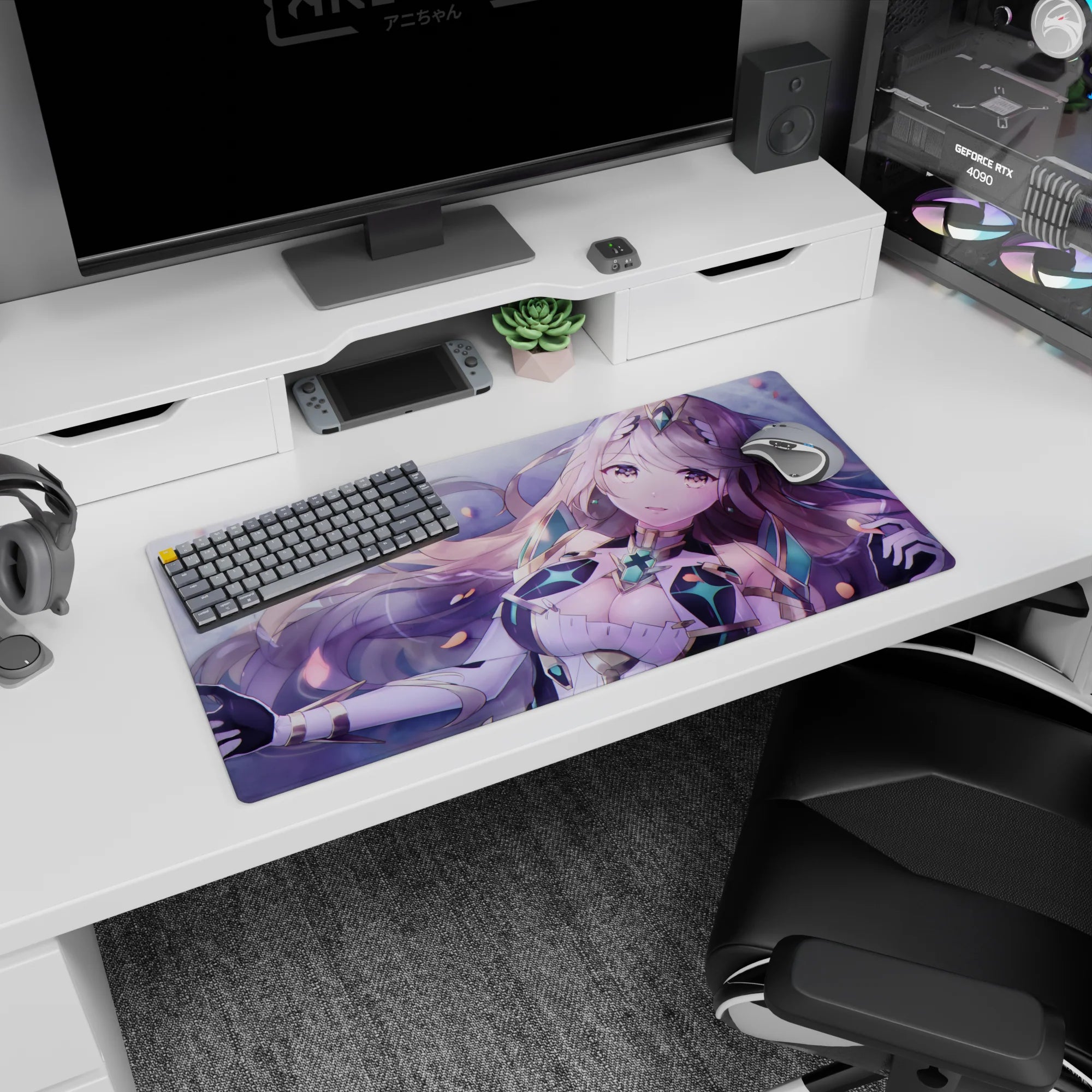 32x16 inches desk mat showing a dreamy lilac-haired anime girl in teal crystal armor amid petals.