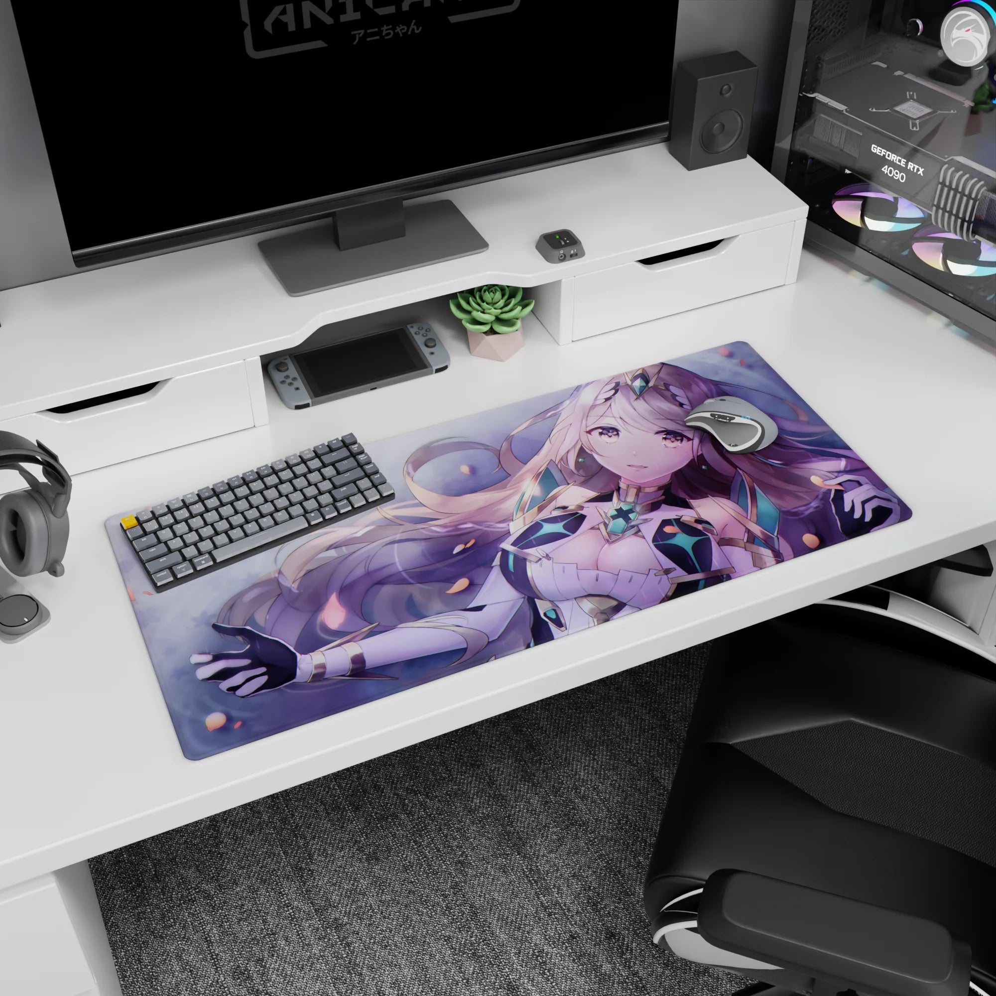 36x16 inches desk pad showing a starry-eyed anime girl with long lilac hair in dreamy petal-filled scene.