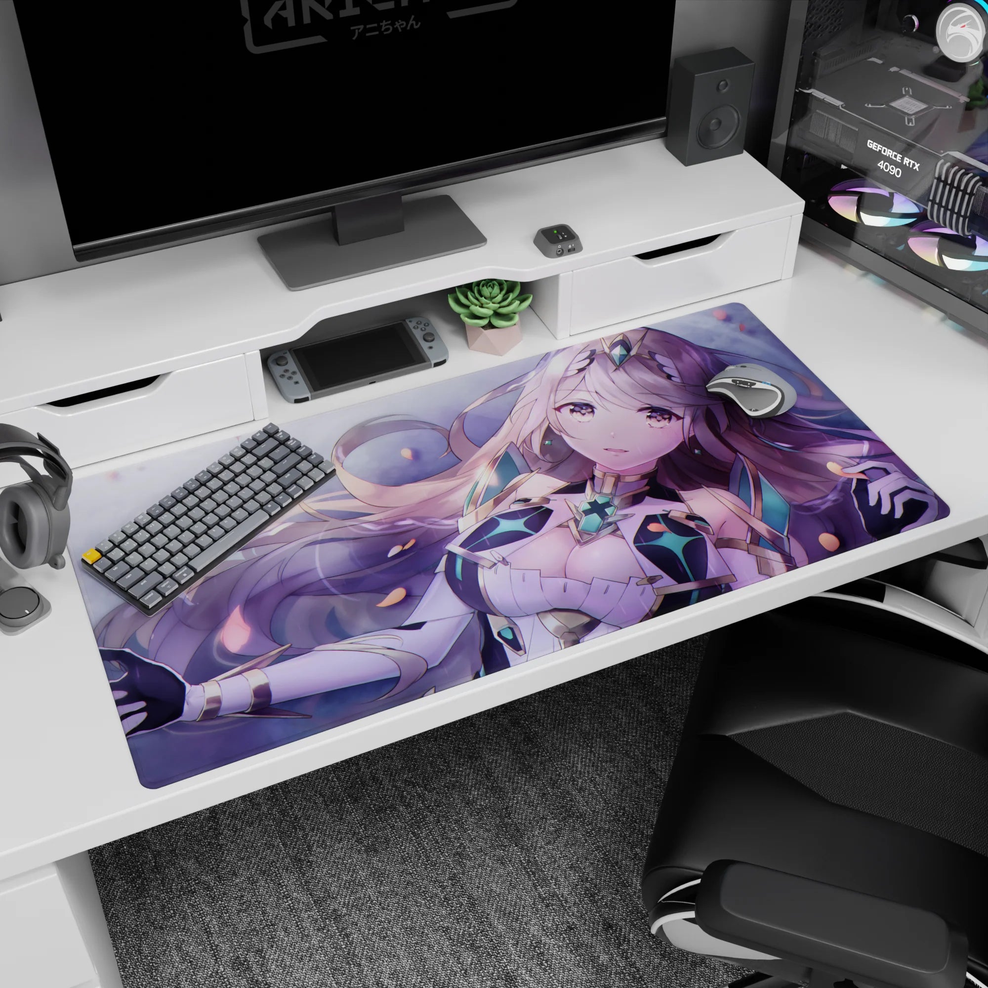 Lilac-haired anime fantasy heroine with starry eyes and floating petals desk pad 40x20 inches.