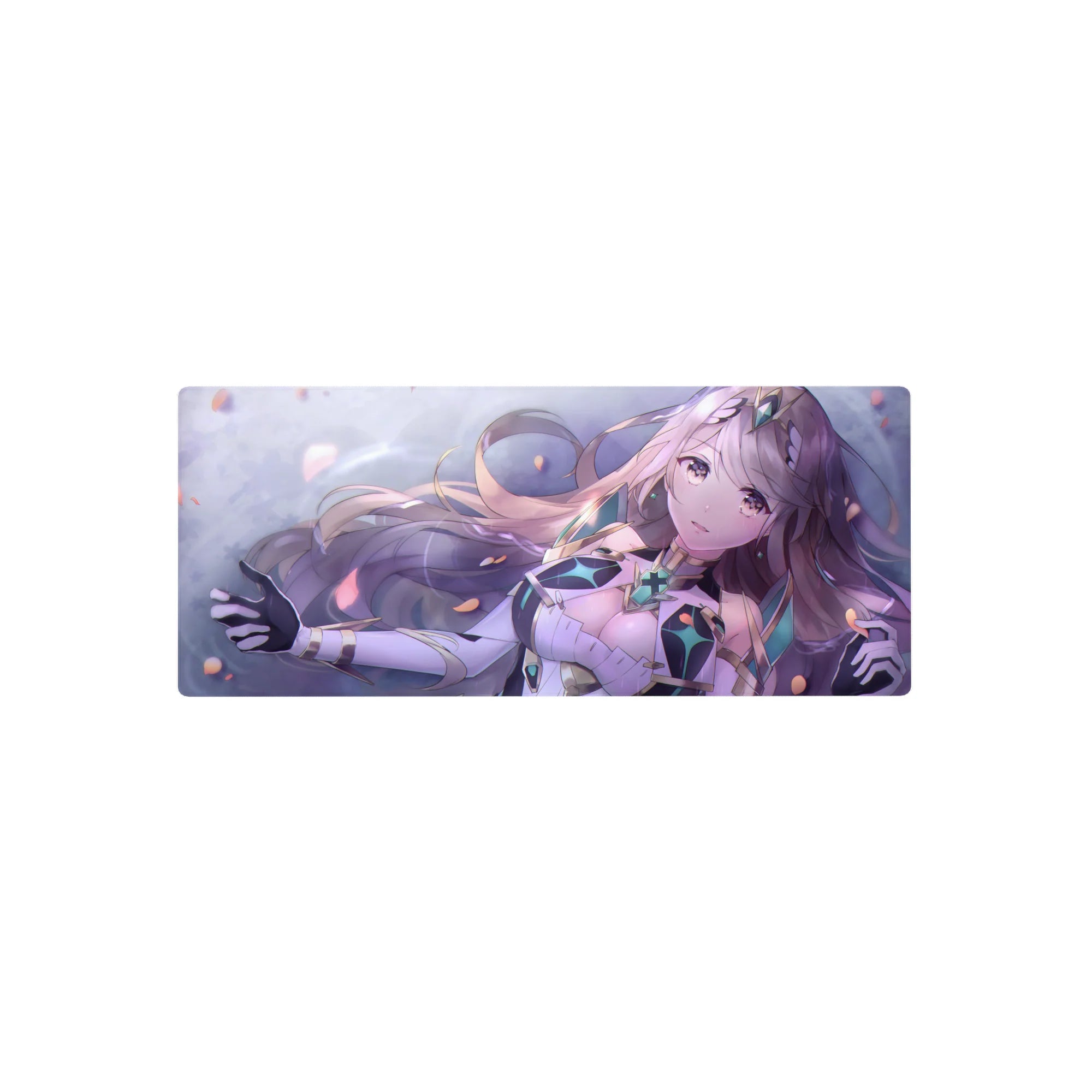 28x12 inches anime girl mouse pad with lilac-haired fantasy heroine, teal crystal armor, floating petals.