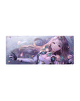 28x12 inches anime girl mouse pad with lilac-haired fantasy heroine, teal crystal armor, floating petals.