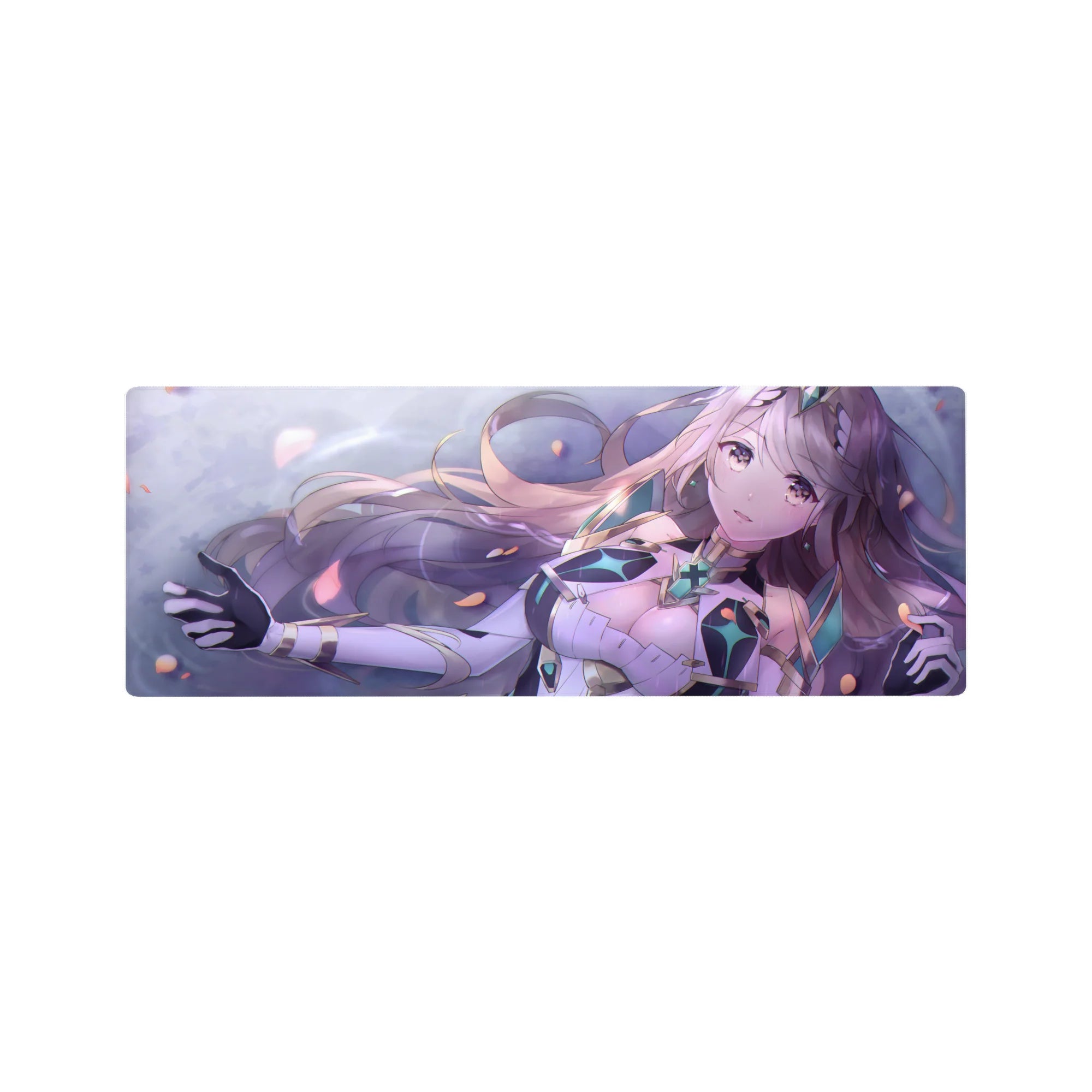 32x12 inches anime girl desk mouse pad with lilac-haired fantasy heroine, petals, and crystal armor.