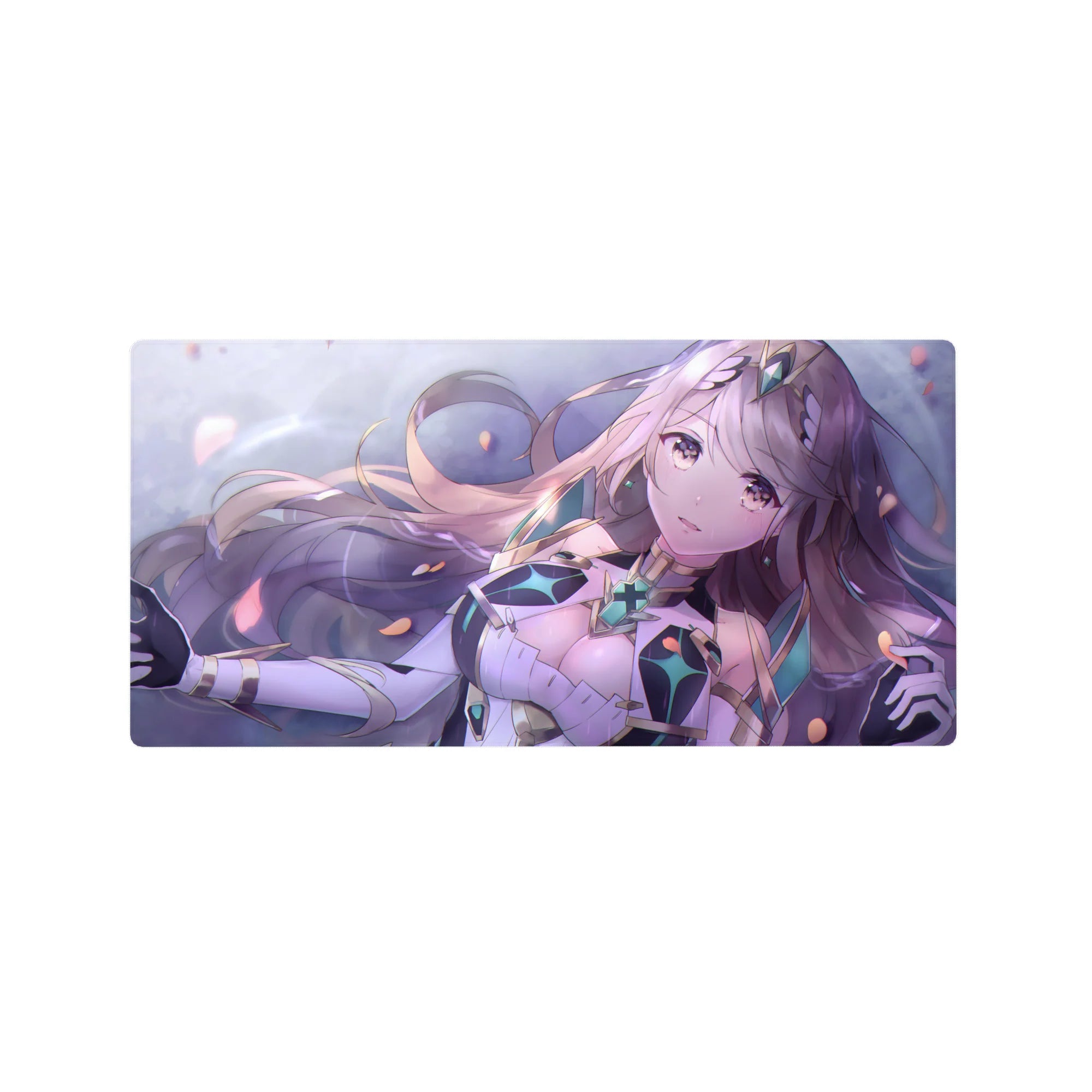 32x16 inches anime girl mouse pad with lilac-haired fantasy heroine, starry eyes, teal crystal armor.