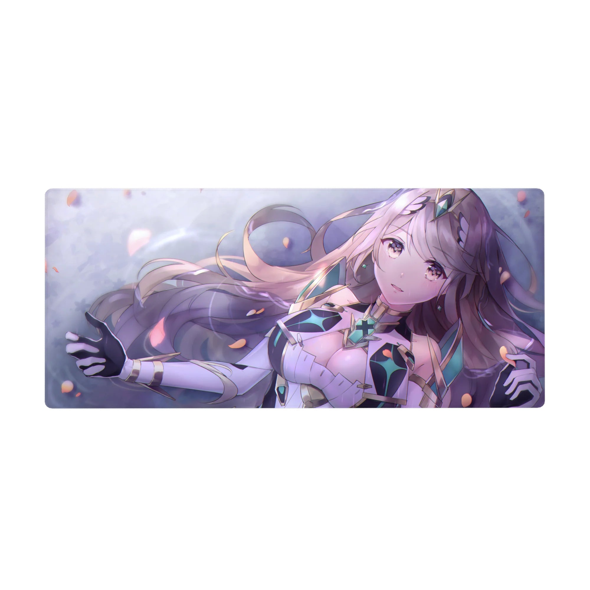 36x16 inches anime girl desk pad with lilac-haired fantasy heroine, teal crystal armor, floating petals.