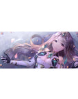 36x16 inches anime girl desk pad with lilac-haired fantasy heroine, teal crystal armor, floating petals.