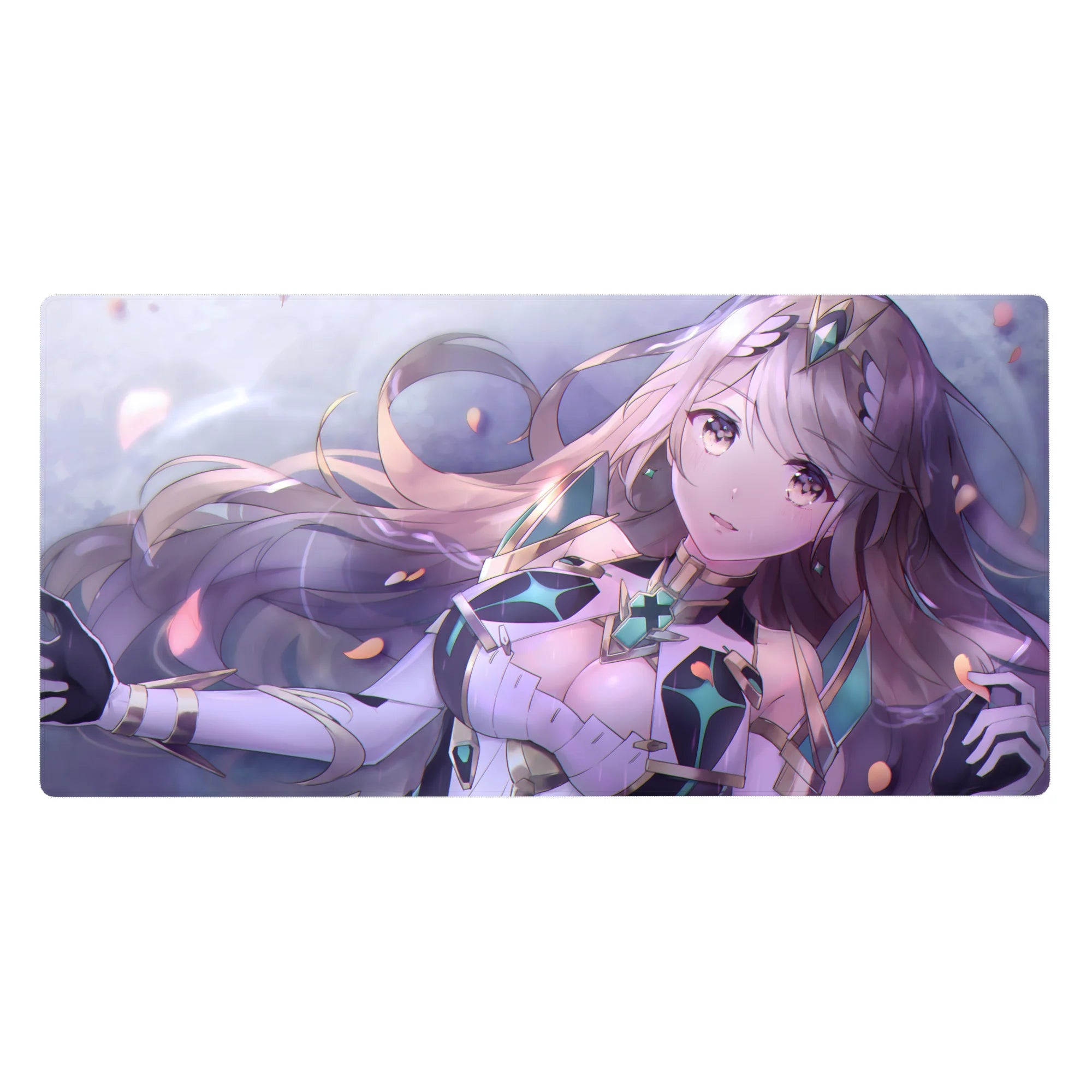 Anime girl desk pad 40x20 inches with lilac-haired heroine, petals, and crystal armor details.