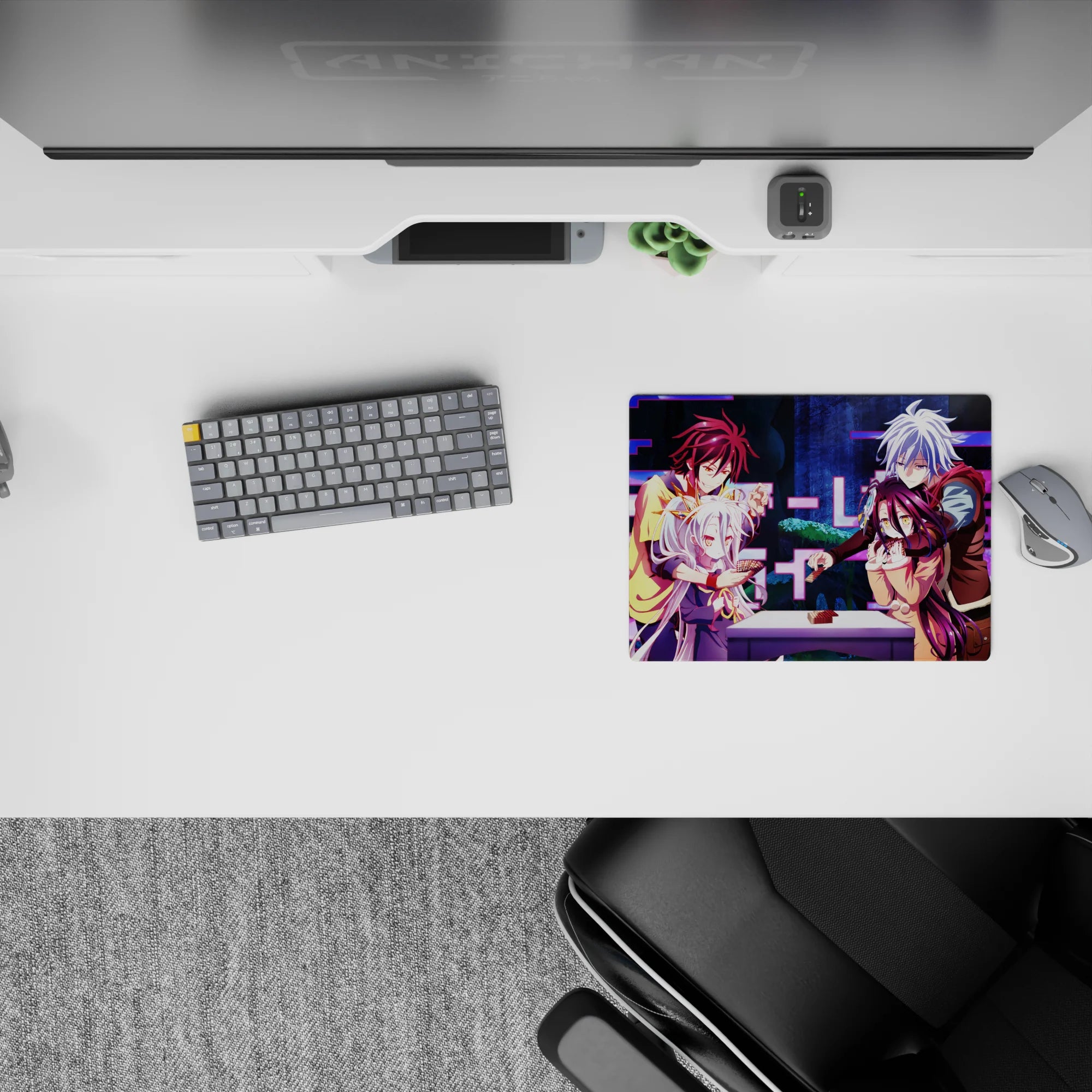 Neon magenta glitch bars on deep blue fantasy backdrop, cozy chaotic anime mouse pad 14x10 inches.