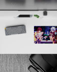 Neon magenta glitch bars on deep blue fantasy backdrop, cozy chaotic anime mouse pad 14x10 inches.