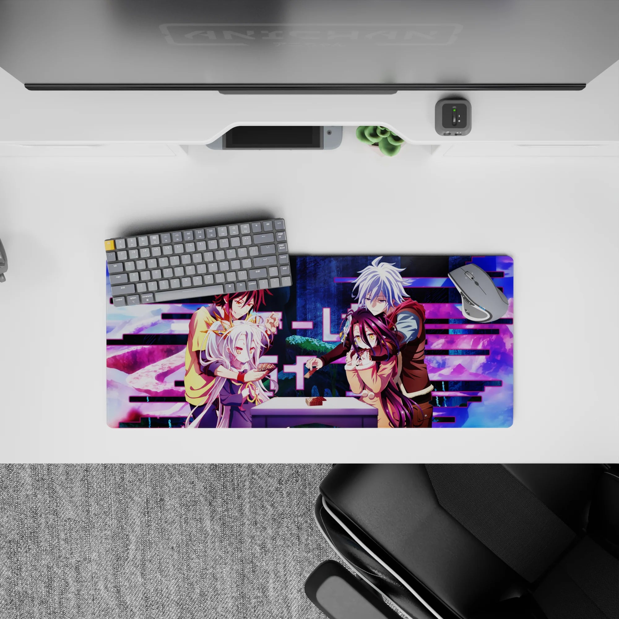 Neon magenta glitch bars on deep blue fantasy anime mouse pad 28x12 inches, playful chaos cozy tension.