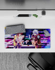 Neon magenta glitch bars on deep blue fantasy anime mouse pad 28x12 inches, playful chaos cozy tension.