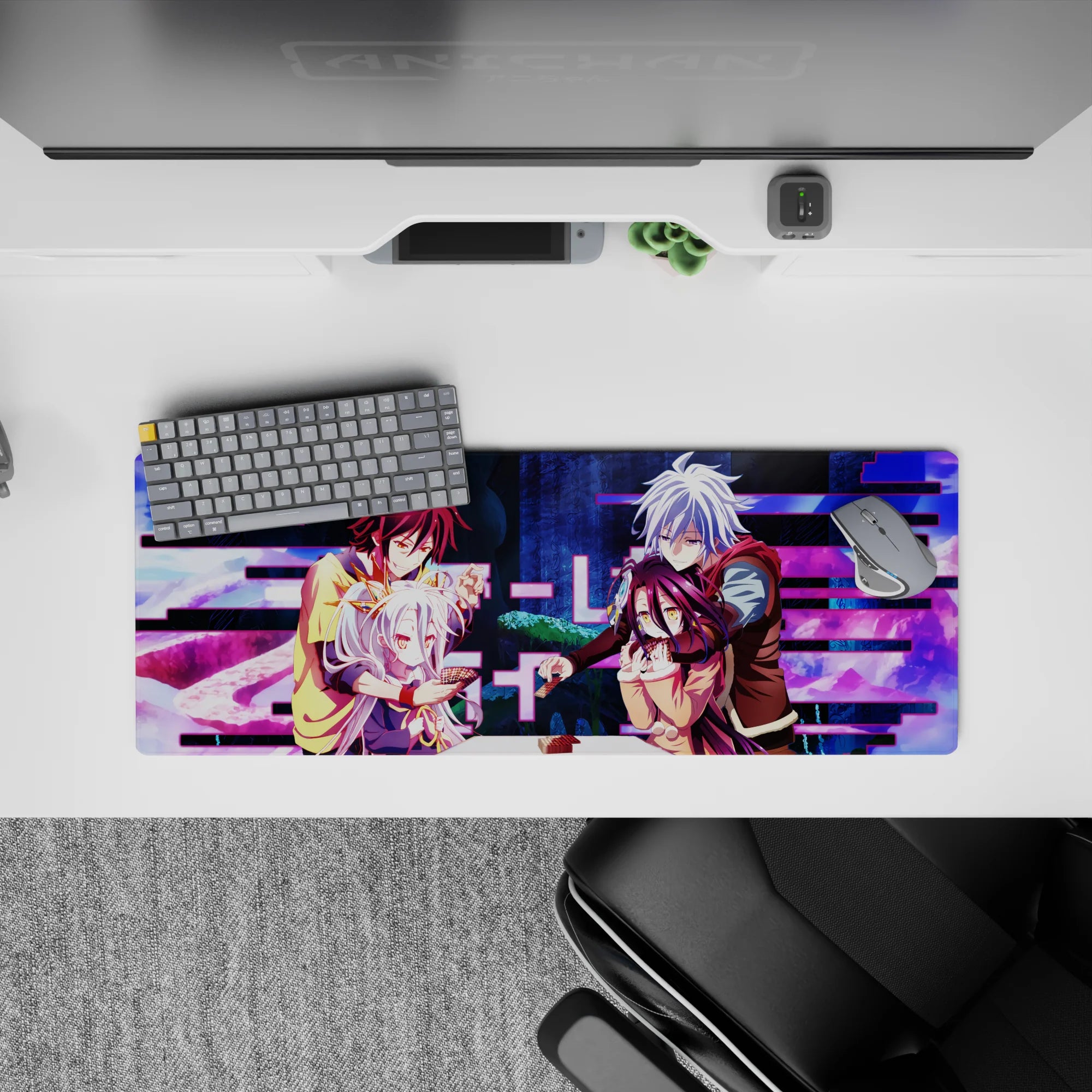 Neon magenta glitch bars on deep blue fantasy backdrop anime mouse pad 32x12 inches, playful vibe.