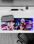 Neon magenta glitch bars on deep blue fantasy backdrop anime mouse pad 32x12 inches, playful vibe.