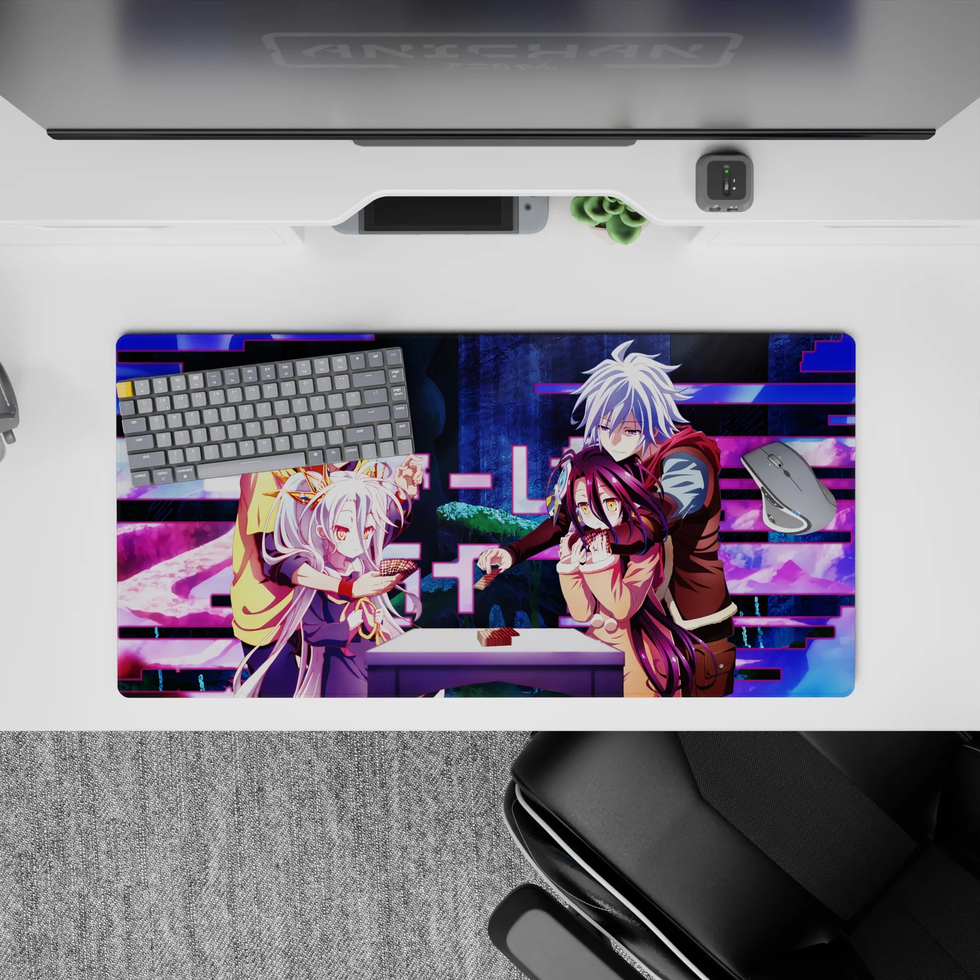 Neon magenta glitch bars on deep blue fantasy anime mouse pad 32x16 inches, playful cozy vibe.