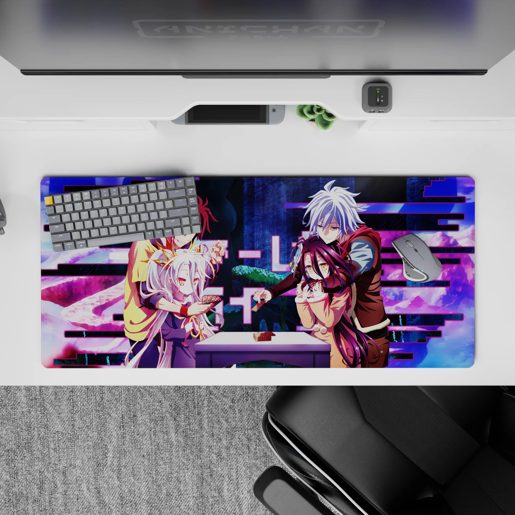 36x16 inches neon magenta and deep blue anime desk pad with cozy, chaotic gaming vibe.