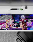36x16 inches neon magenta and deep blue anime desk pad with cozy, chaotic gaming vibe.