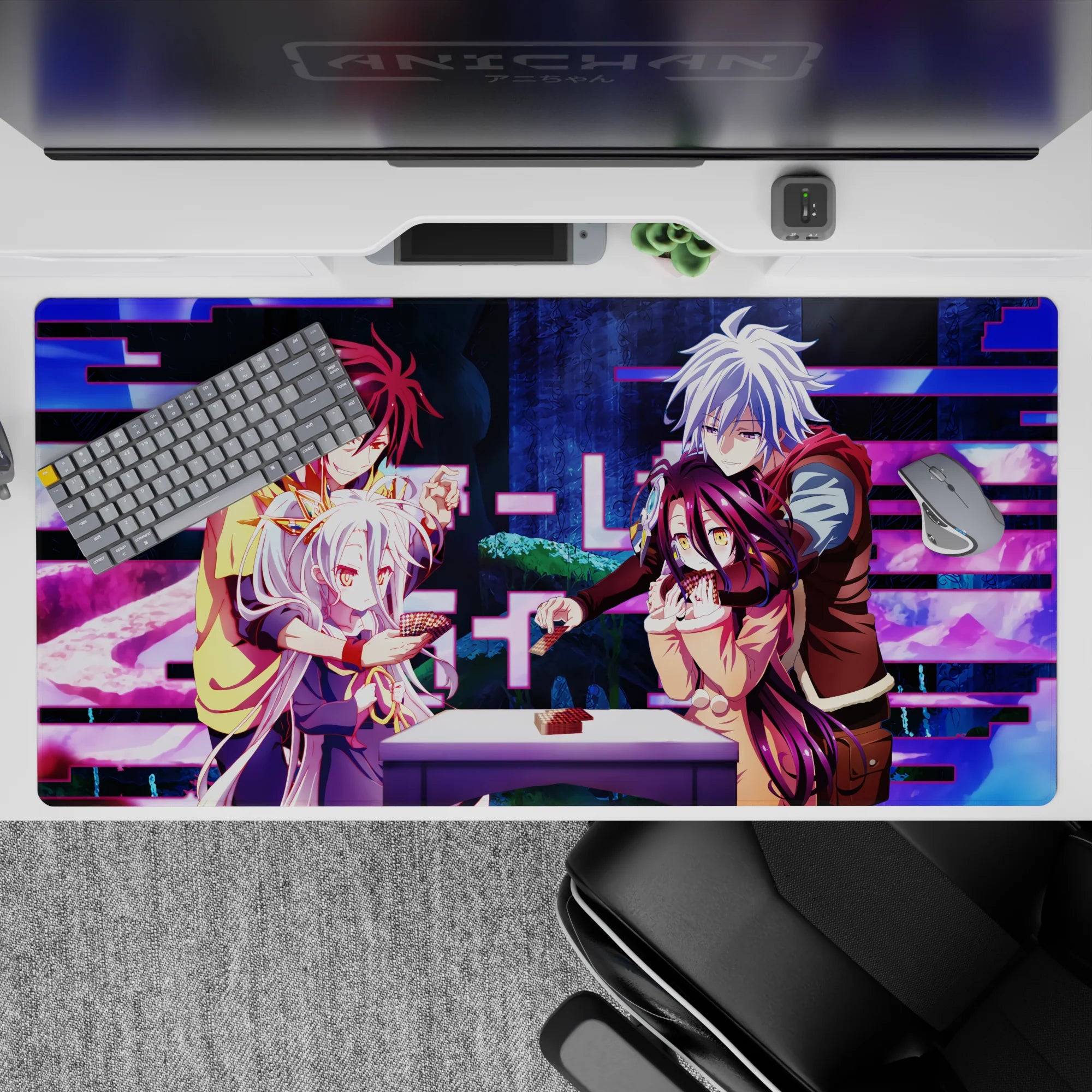 Neon magenta glitch accents on deep blue fantasy background anime desk pad 40x20 inches, lively mood.