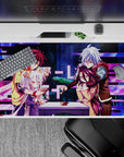 Neon magenta glitch accents on deep blue fantasy background anime desk pad 40x20 inches, lively mood.