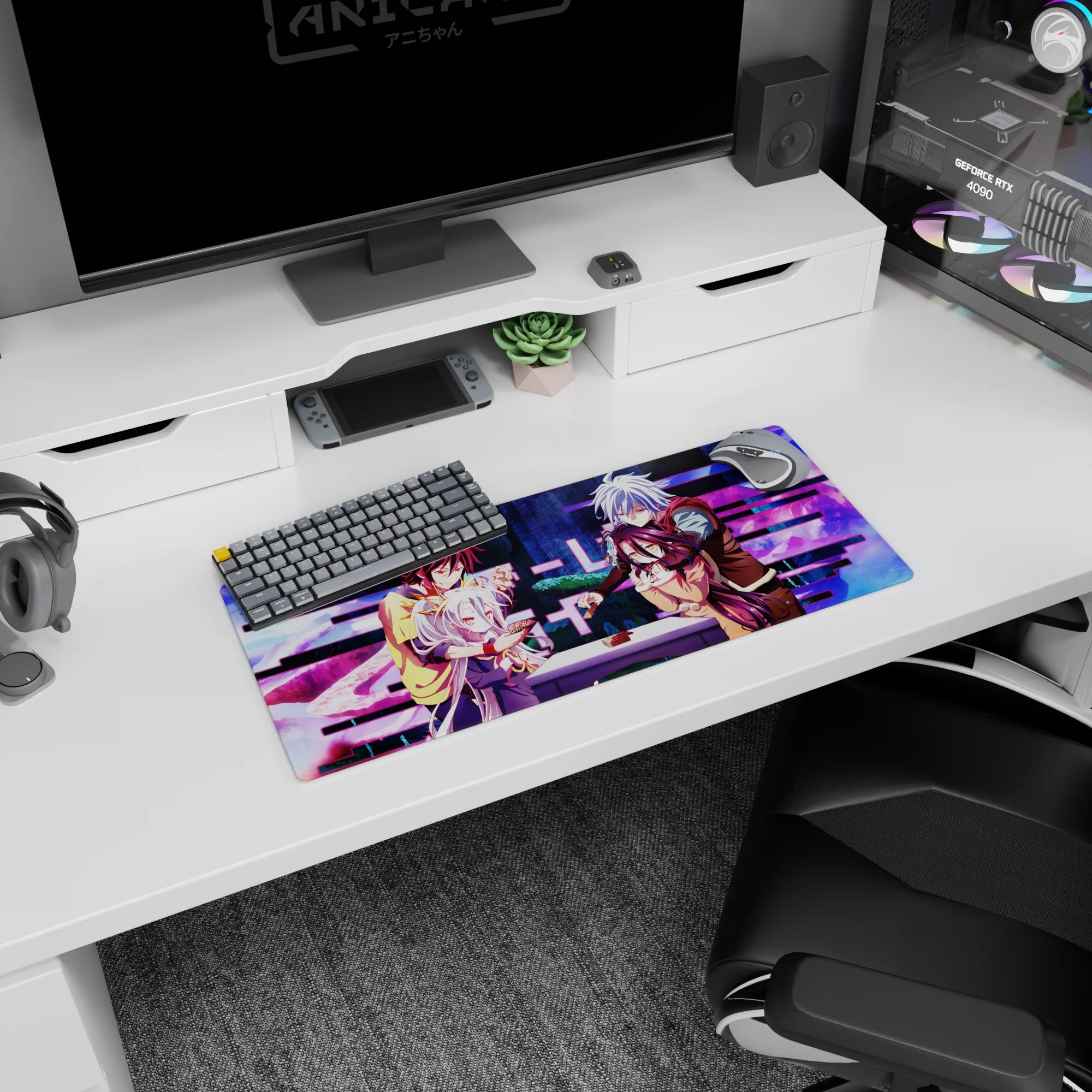 Shiro and Sora close at the table, smirking duo anime mouse pad 28x12 inches with vivid character art.