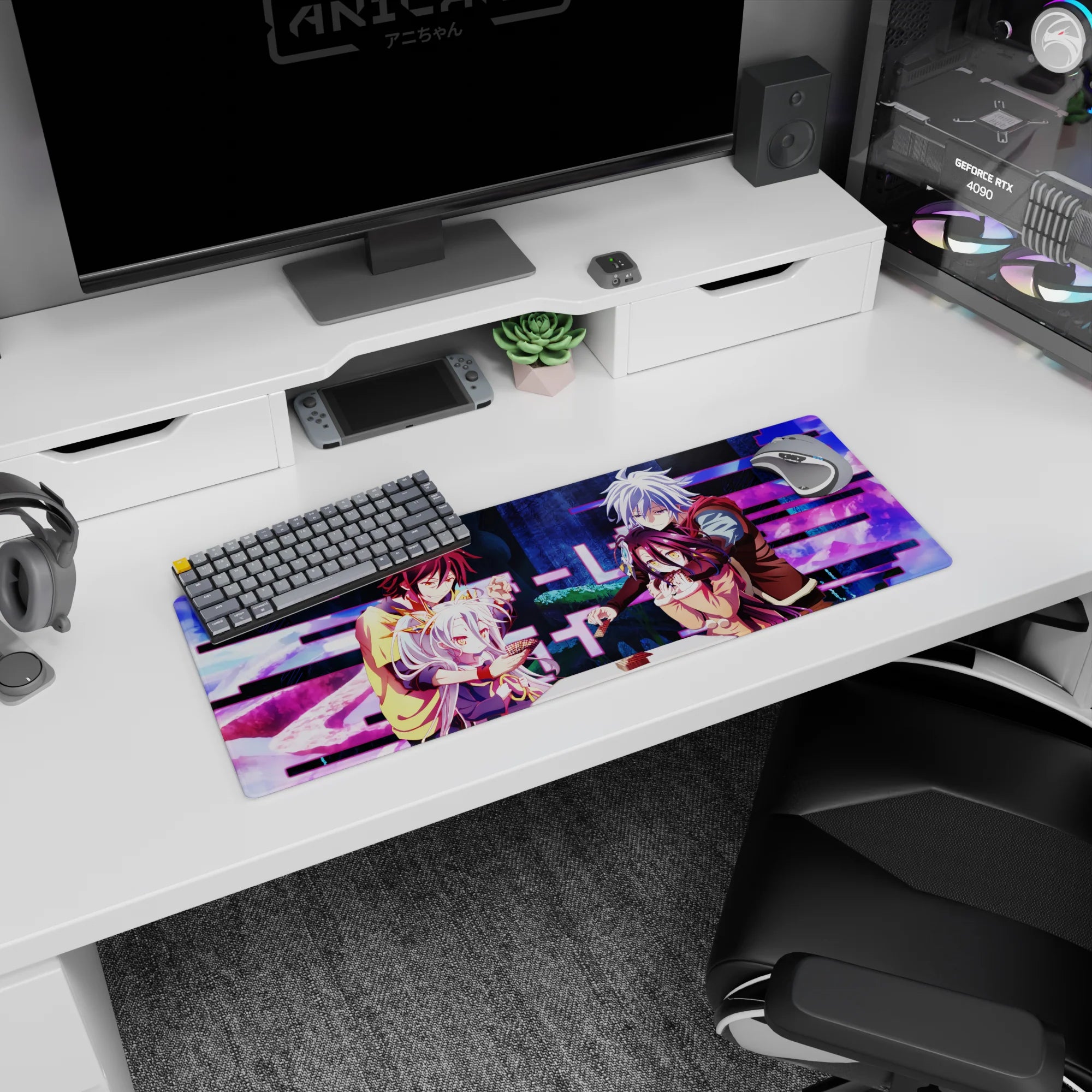 Shiro in violet dress beside Sora in yellow hoodie, rivals playing cards anime mouse pad 32x12 inches.