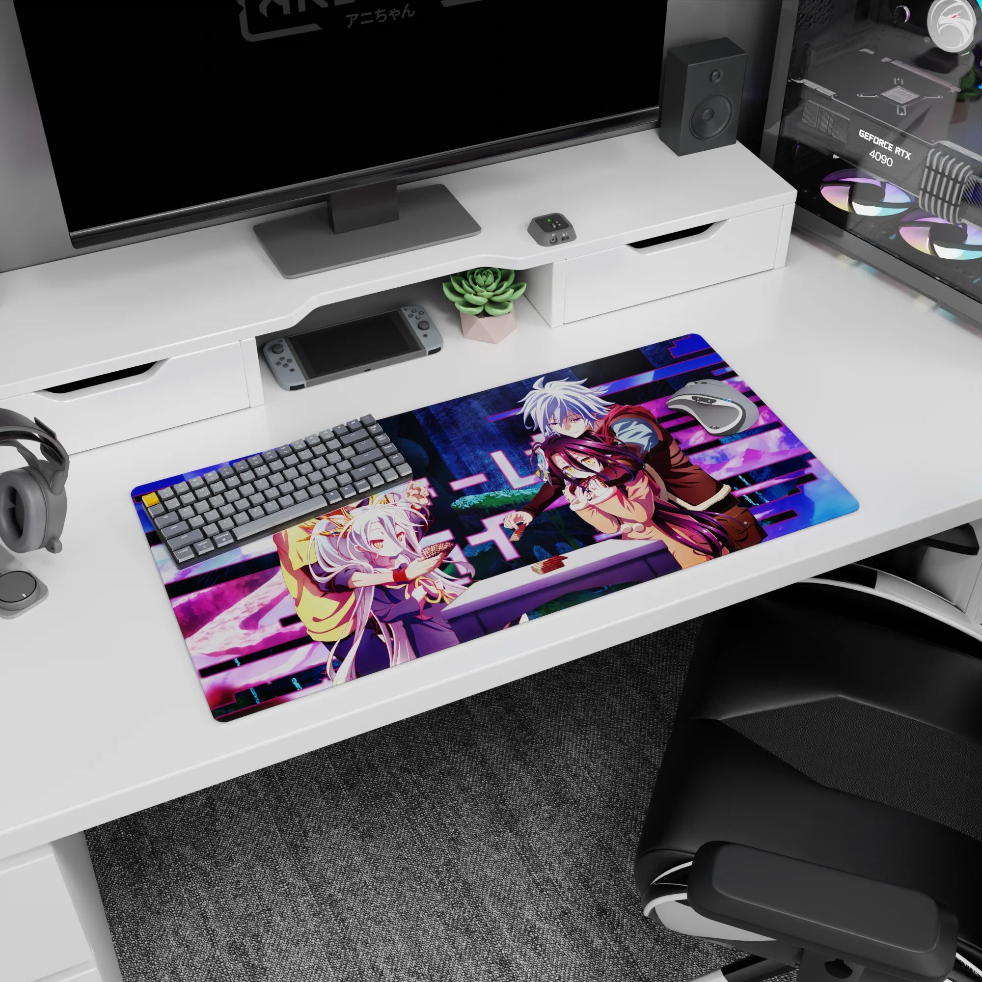 Shiro in violet dress and Sora in yellow hoodie on anime mouse pad 32x16 inches, hovering close.