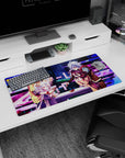 Shiro in violet dress and Sora in yellow hoodie on anime mouse pad 32x16 inches, hovering close.