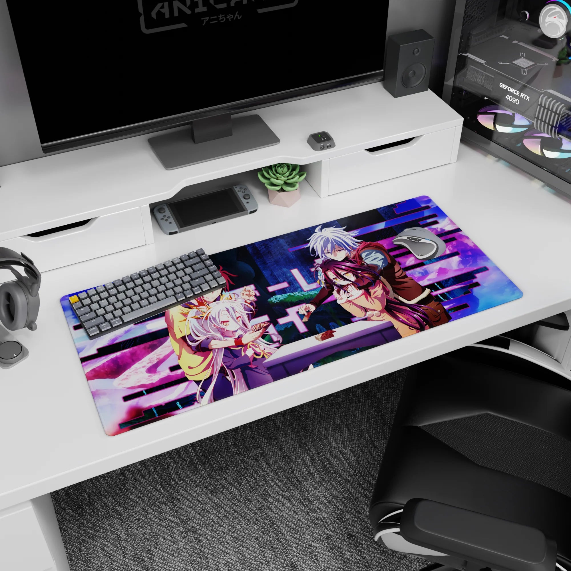 36x16 inches desk pad featuring Shiro and Sora close at the table, rival pair blushing, cards mid-play.