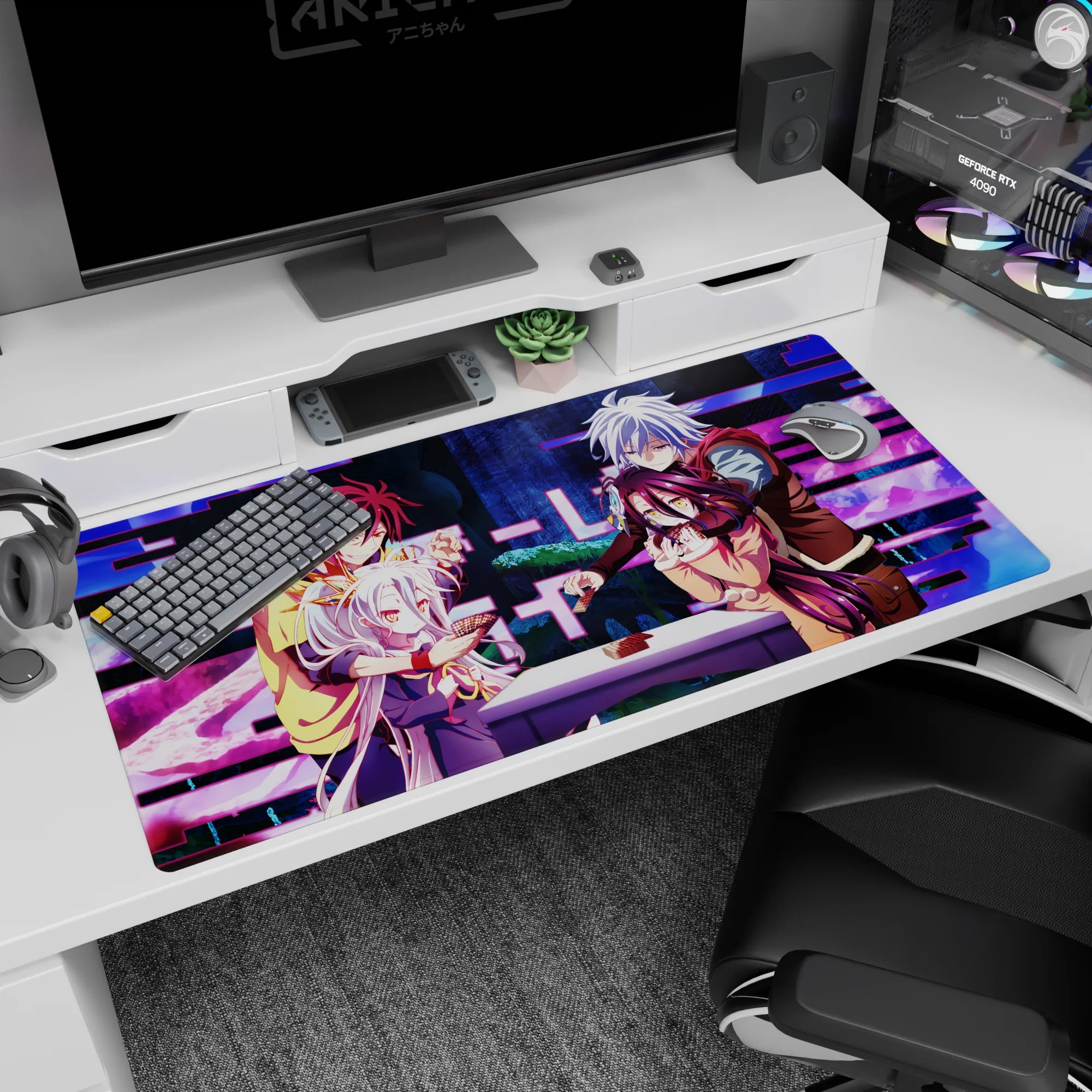 Shiro and Sora close at the table, silver-haired rival and blushing girl, anime desk pad 40x20 inches.