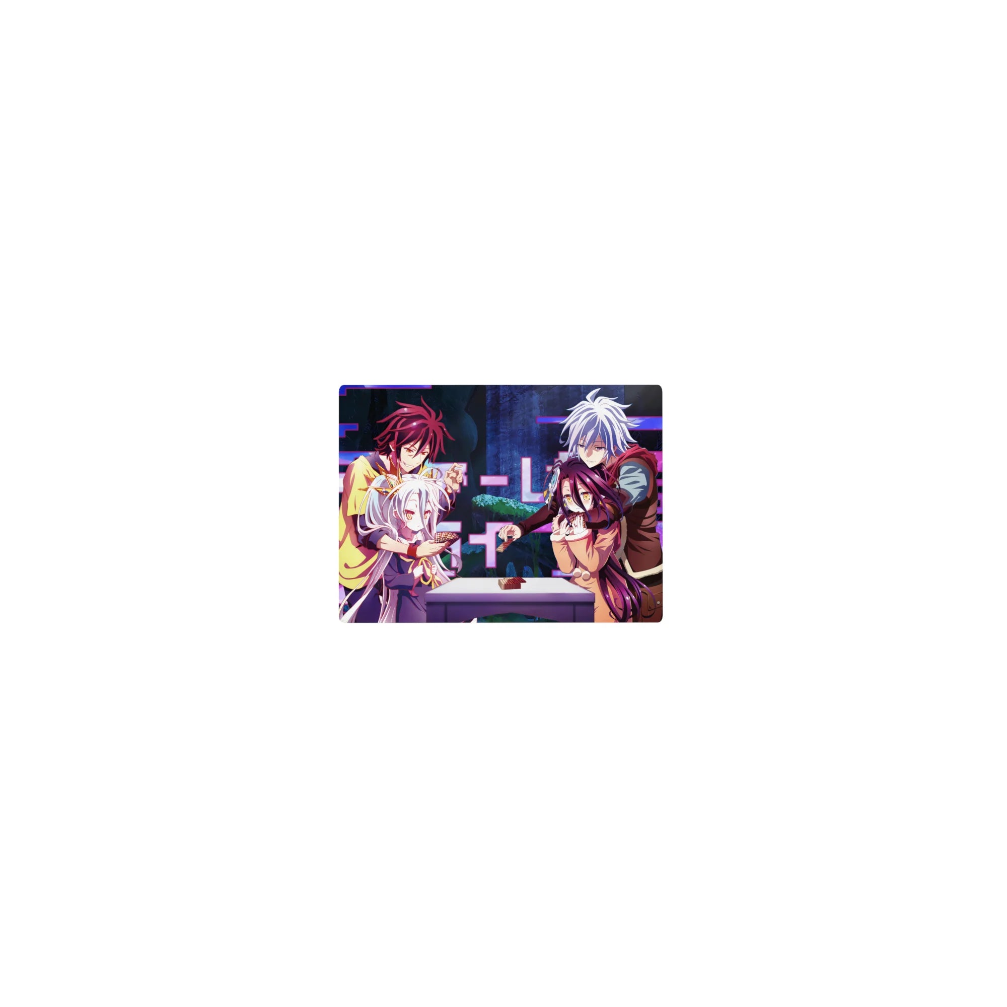Classic anime mouse pad 14x10 inches featuring a card game table scene with four characters and glitch accents.