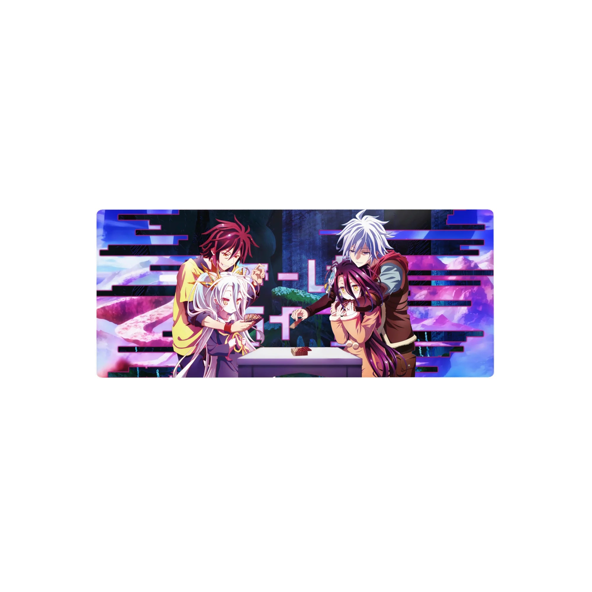 No Game No Life anime mouse pad 28x12 inches with Shiro, Sora, and rivals at a card table scene.