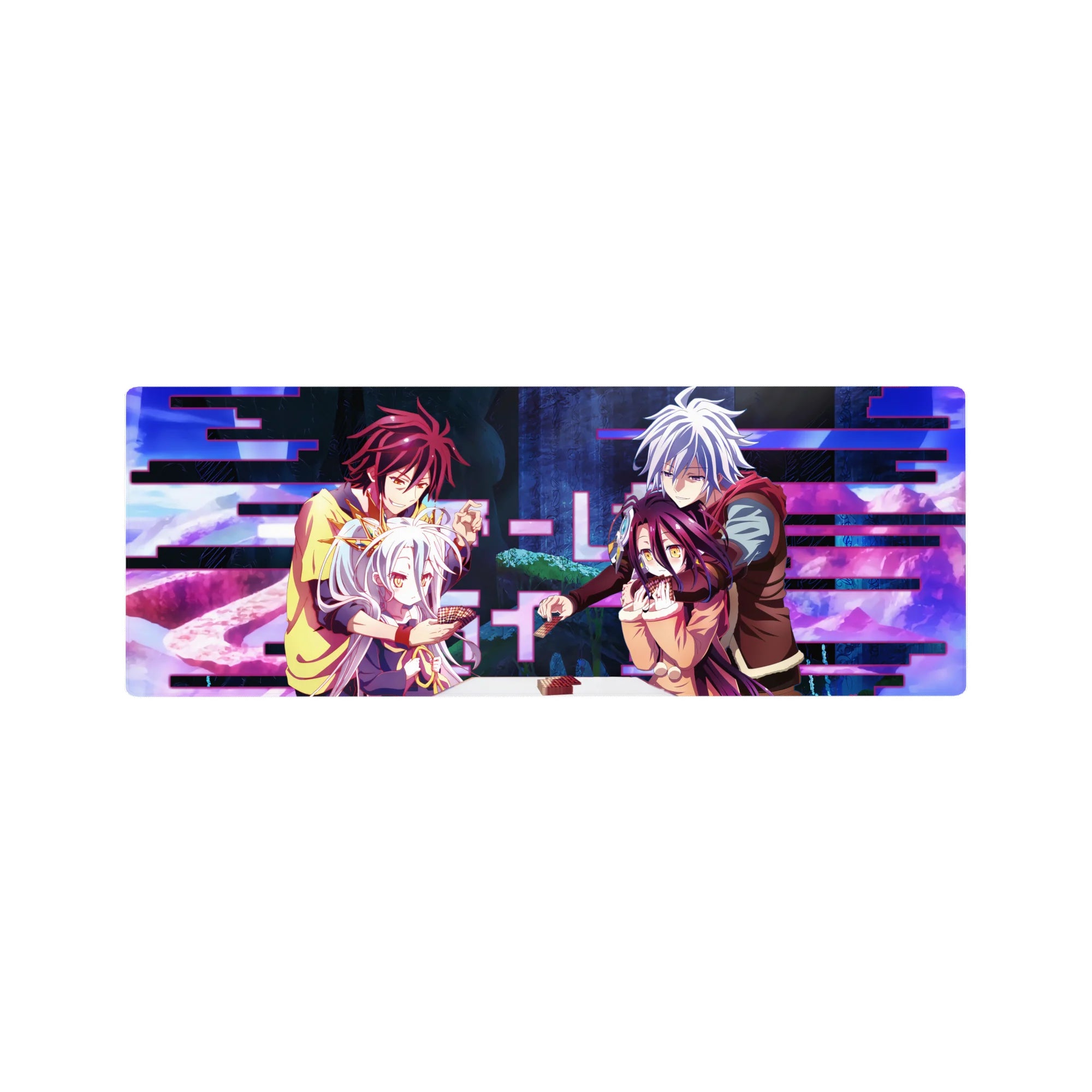 No Game No Life anime mouse pad 32x12 inches with Shiro, Sora, and a card game table scene.