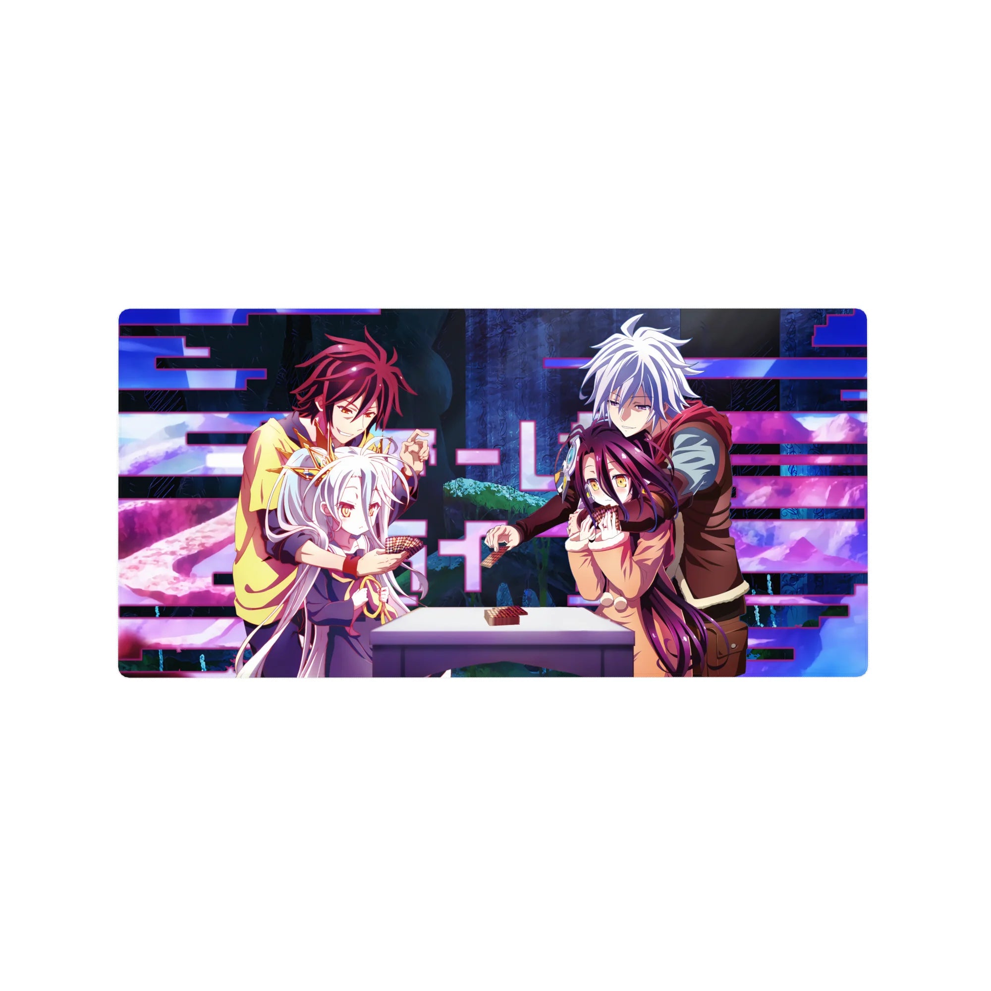 No Game No Life anime mouse pad 32x16 inches with Shiro and Sora at a card game table scene.