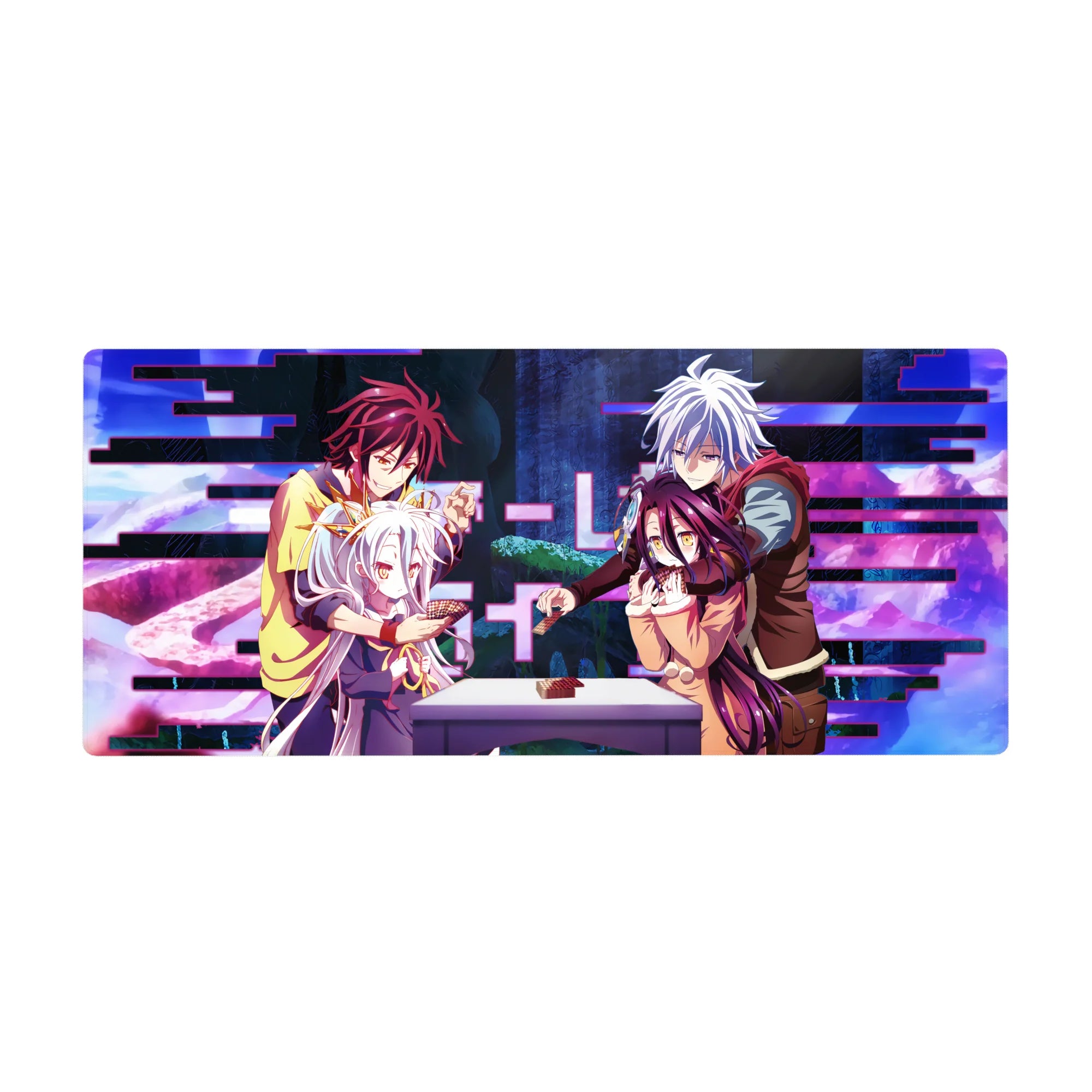 36x16 inches anime desk pad with No Game No Life card-table scene, glitch bars, fantasy backdrop.