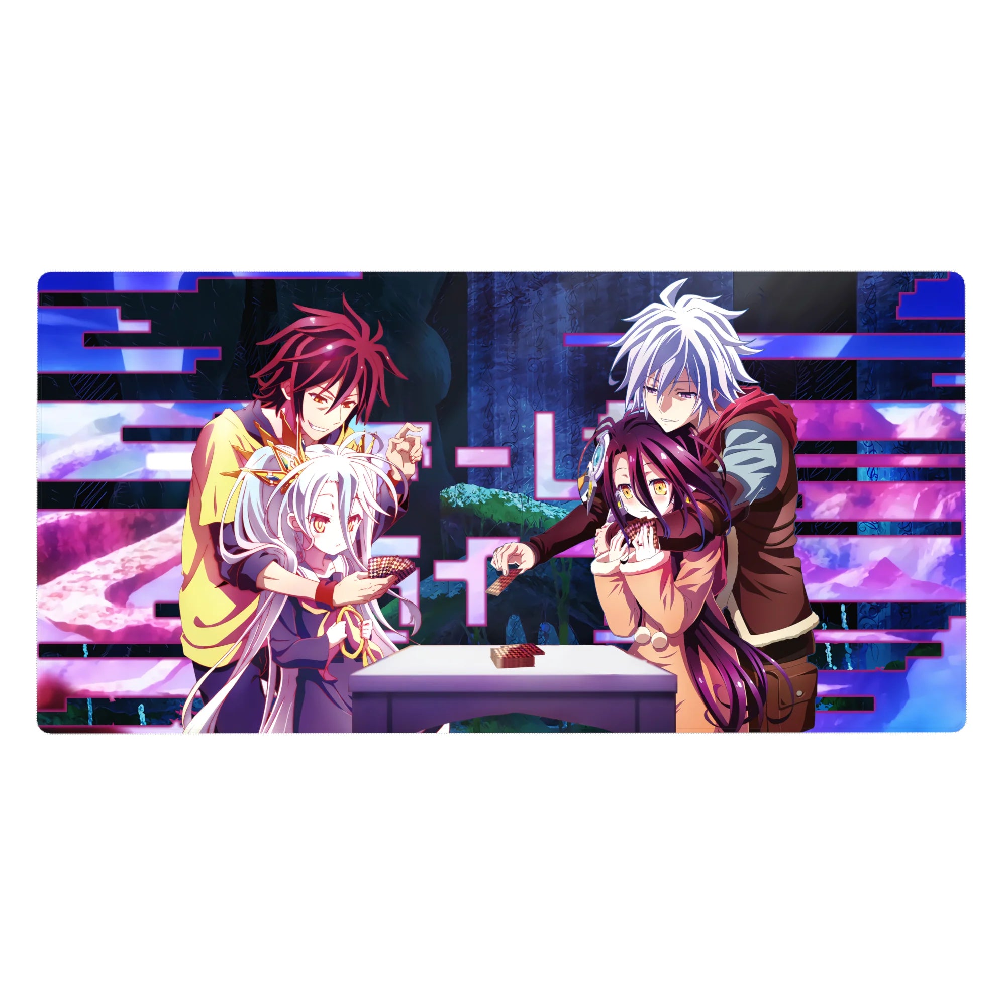 No Game No Life anime desk pad 40x20 inches with Shiro and Sora card game scene and glitch bars.