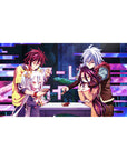 No Game No Life anime desk pad 40x20 inches with Shiro and Sora card game scene and glitch bars.