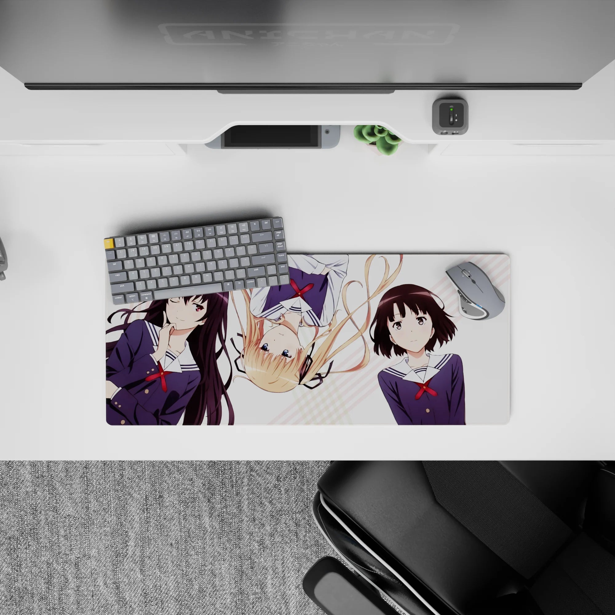 28x12 inches kawaii desk mat in soft pastels with navy uniforms and bright red ribbons, tidy vibe.